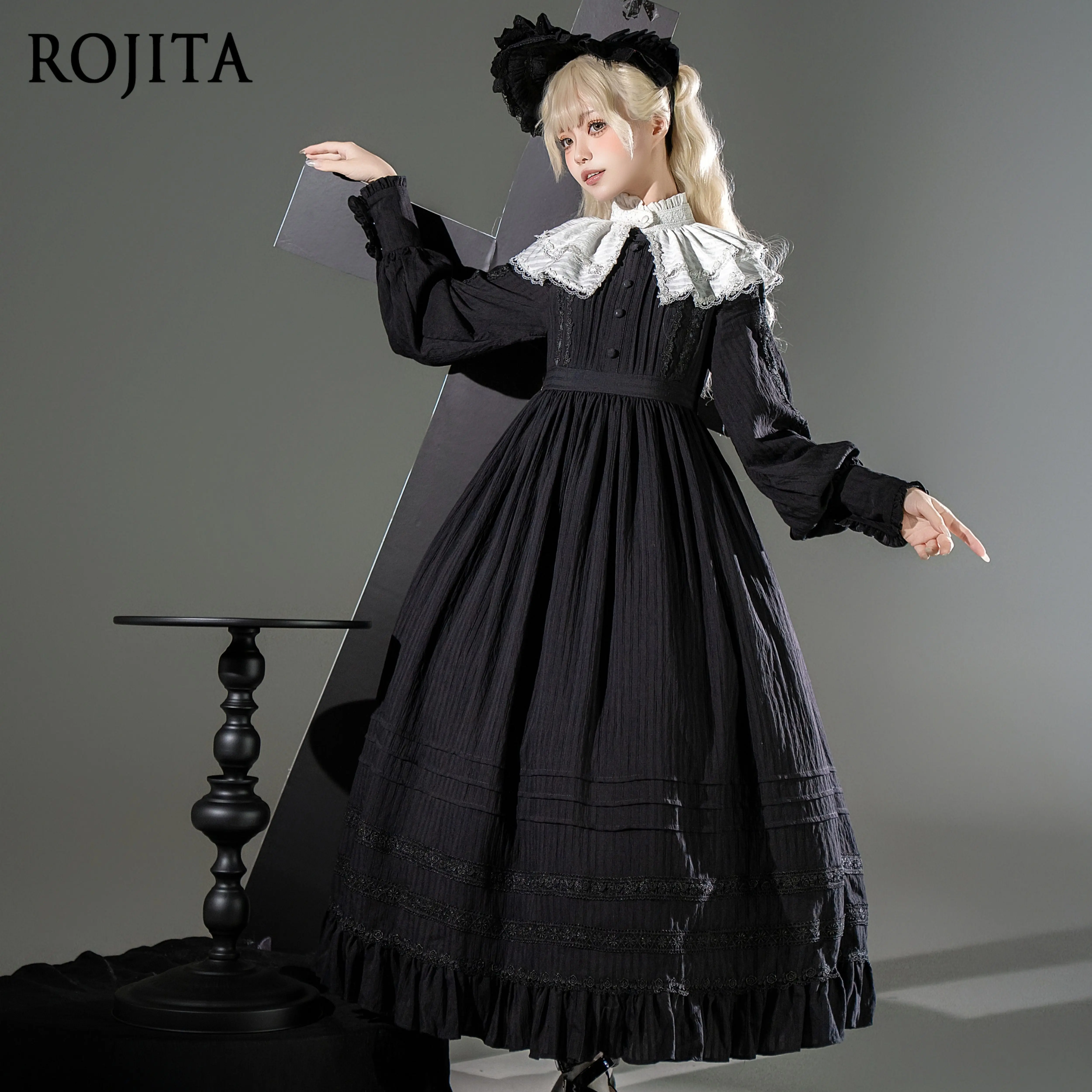 

Dark Goth Lolita Jacquard Cotton Long Dress for Women 2026 Spring New Priesthood Nun Wind Lolita Black Long Sleeve Op Dress