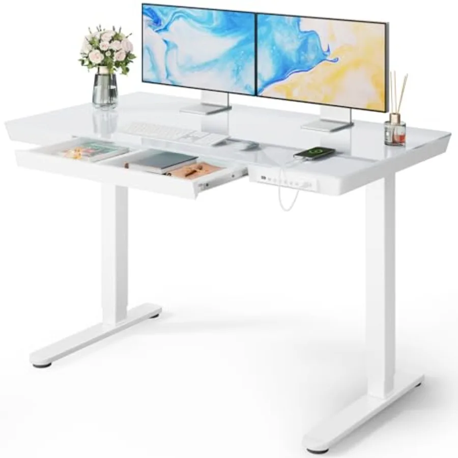 Electric Height Adjustable Standing Desk with Drawer 48 x 24 Inch OnePiece Tabletop Builtin USB Charging Ports SitStand Desk wi