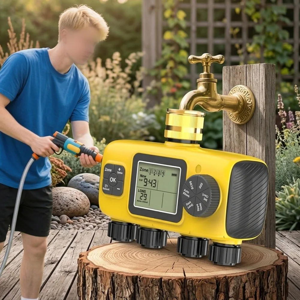 4-Zone Programmable Sprinkler Timer with Brass Inlet and Large Display for Clear Visibility and Accurate Setup