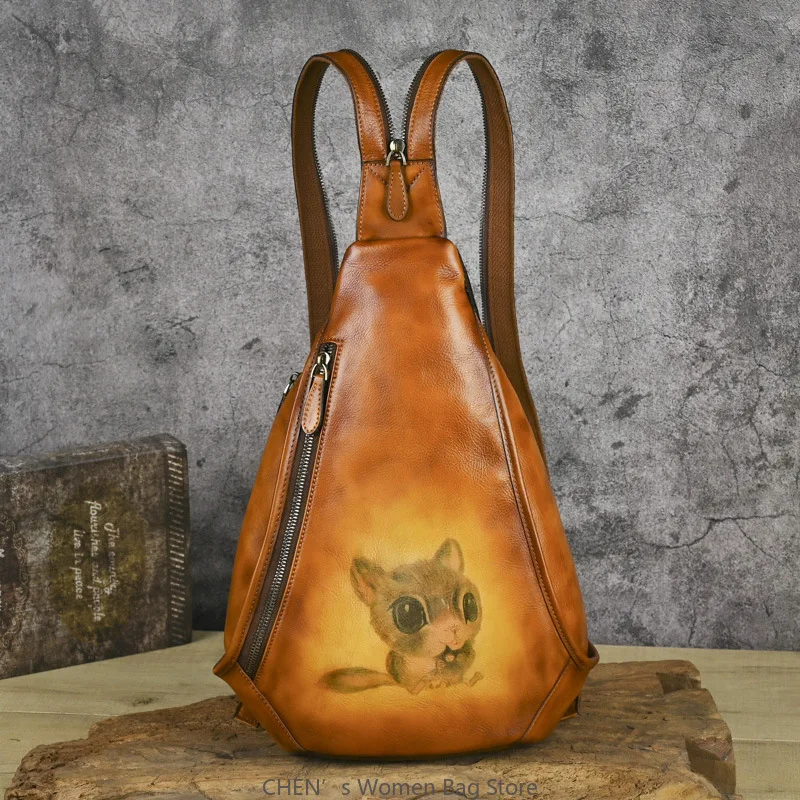 

Retro Animal Printed Chest Bag 2025 New Genuine Leather Handmade Cowhide Backpack Versatile Women's Crossbody Bags