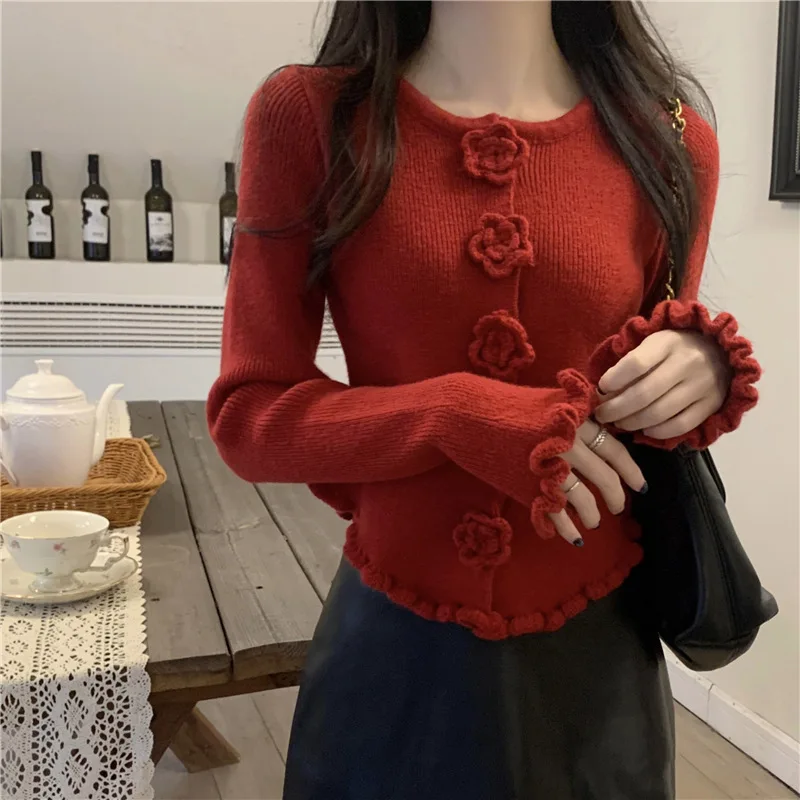 

New 3D Flower Short Knitted Cardigan Women's Autumn and Winter Slim-fitting Base with Thin Fungus Solid-color Top