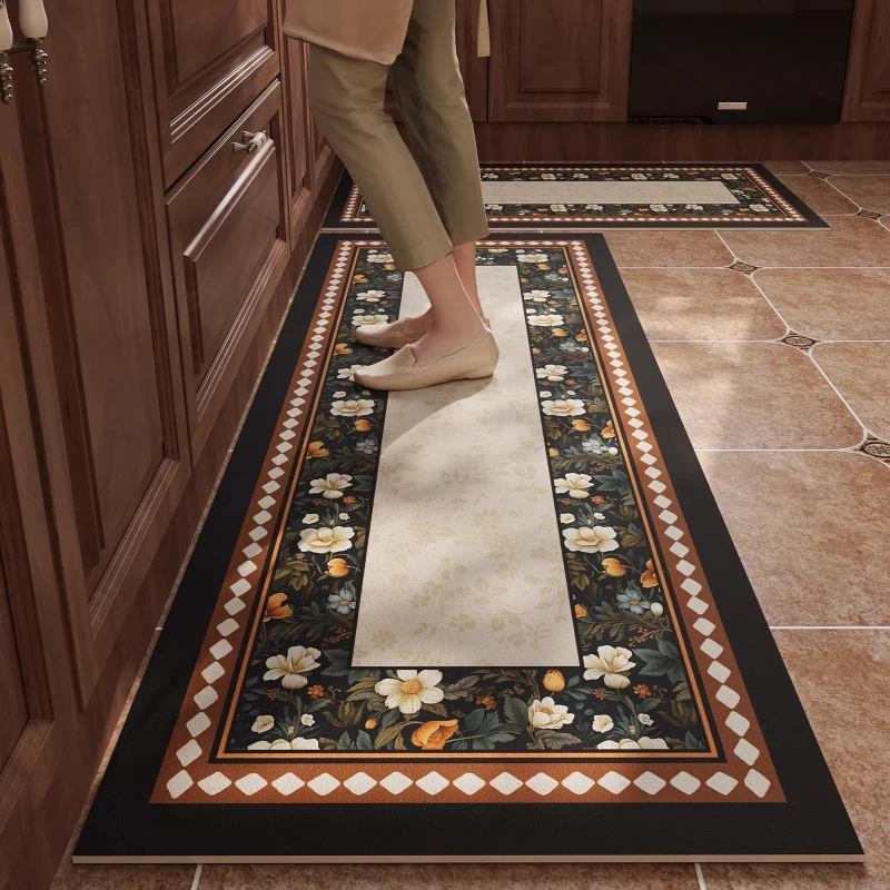 Kitchen Mat PVC Waterproof Oil-proof Non-slip Leather Floor Mat Retro Floral Rug Long Size Rugs Home Decor Alfombrilla De Cocina
