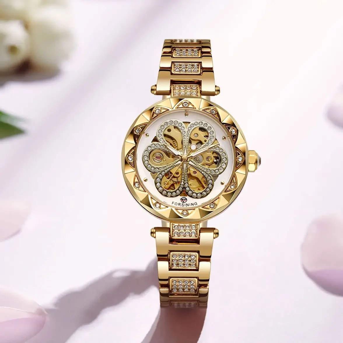 Forsining Ladies Automatic Mechanical Watch Carved Hollowed Out Design Stainless Steel Strap Waterproof Luxury Wristwatch Reloj