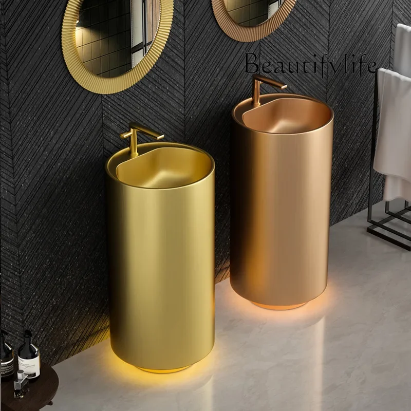 N69 Stainless steel column basin hotel courtyard bathroom wash basin bar integrated floor type creative washbasin
