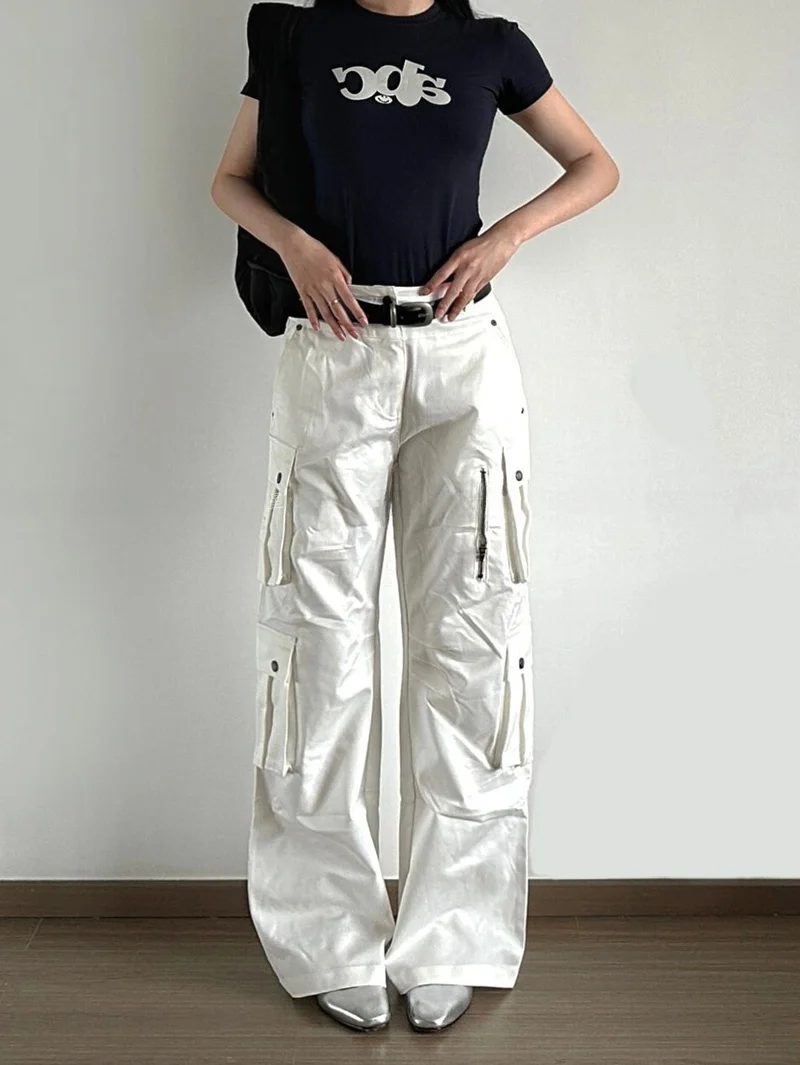 American Design Multi-Pocket Denim Work Pants Women's BF Lazy Style Summer White Flared Floor-Length Pants High Waist