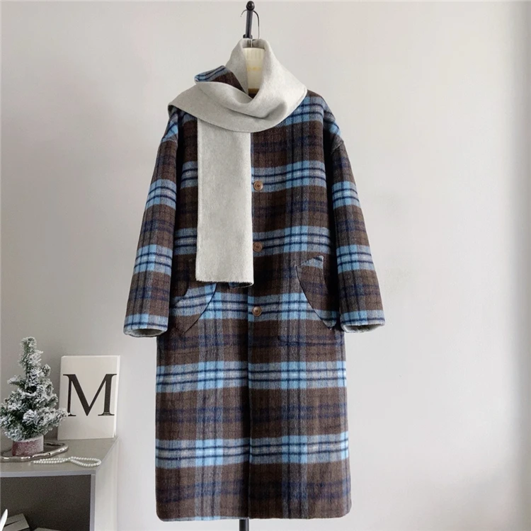 Double-sided Tweed Scarf Long Multi Wear Jacket Female Wool Tweed Light Blue Gray Plaid Coat Parka