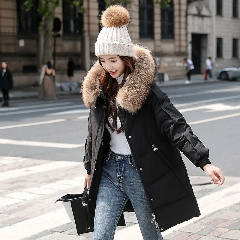 

Down Jacket with Fur Collar for Women, Slim Fit Parka, Mid Length Version, Loose Thick Coat, Hooded Overcoat, Winter Outwear, Ne