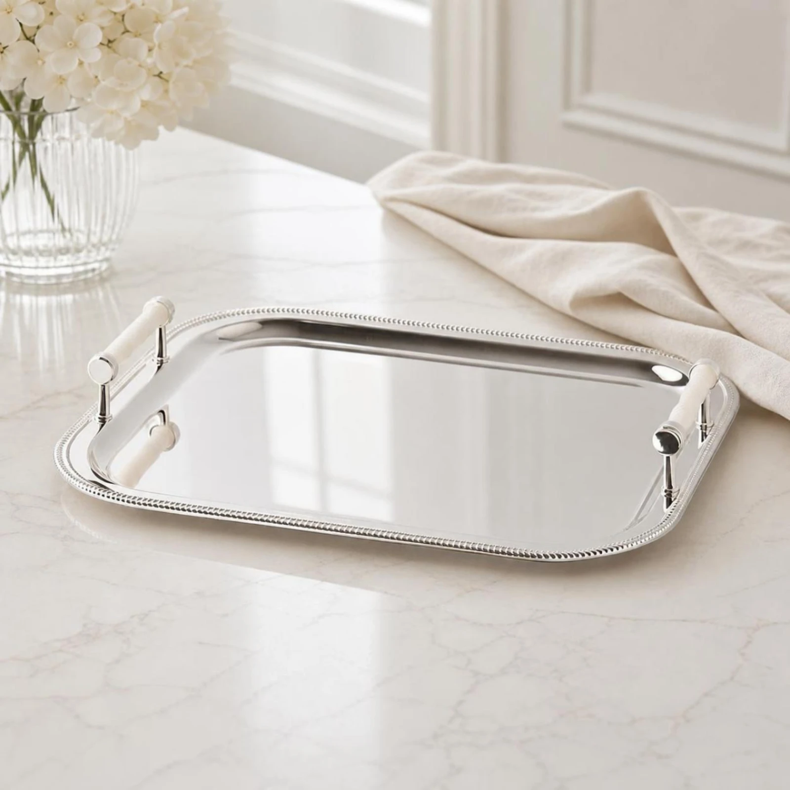 Stainless Steel Tray with Handles Elegant Rectangular Tray with Handles Rust-Resistant Versatile for Dining Table, Vanity