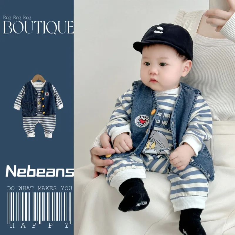 New Spring Autumn Baby Cartoon Cat Romper Infant Boy Girl Long Sleeves Striped Jumpsuit/Denim Waistcoat/Knitwear Cap K1036