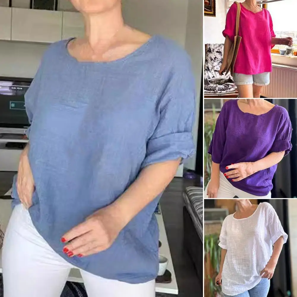 

Women Solid Color Tops Breathable Summer Women's Tee Shirt Loose Fit Soft Stretchy Skin-friendly Solid Color T-shirt for Daily