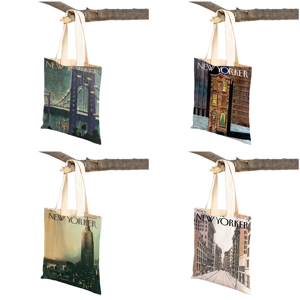 New Yorker Christmas Women Shopper Bags Supermarket Tote Lady Handbag Both Sides Reusable Foldable Casual Canvas Shopping Bag