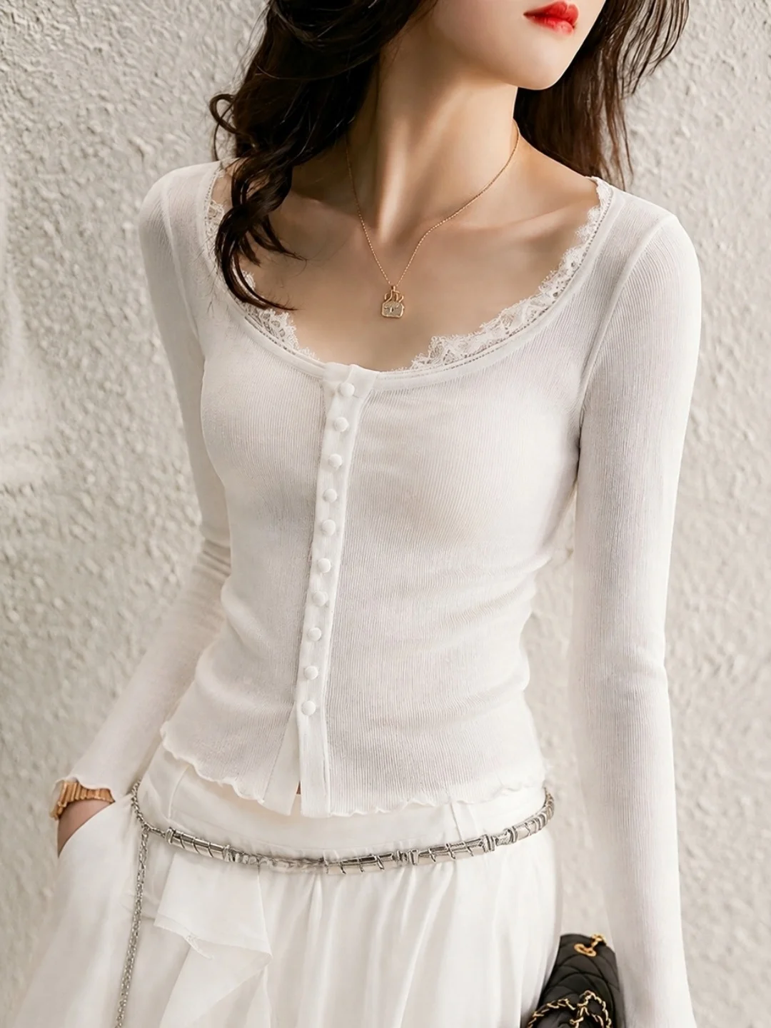 Slim Fit Long Sleeve Knitted Top with Lace Patchwork Single Button Design Korean Style Commute Silk Women's Fashion Autumn Ne...