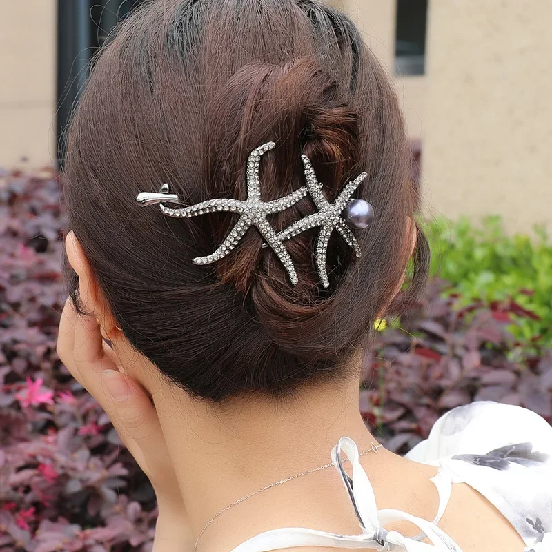 1 buah cahaya bintang laut berlian penuh klip putar mewah bagian belakang kepala rambut melingkar kartu rambut rasa tinggi gesper kodok rambut