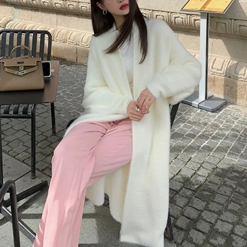 Faux mink knee-length knitted cardigan coat female 2024 fall and winter loose lazy wind long-sleeved sweater coat