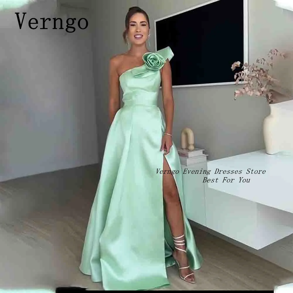 

Verngo Green Satin Prom Gown For Women One Shoulder A Line Party Dress Side Slit Formal Occasion Dress Simple Evening Dress