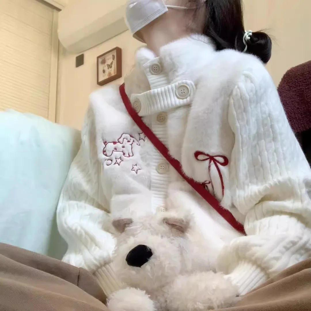 

Sweet College Style Knitted Patchwork Furry Embroidered Coat For Women Spring Soft Gentle Versatile Warm Cardigan Sweater