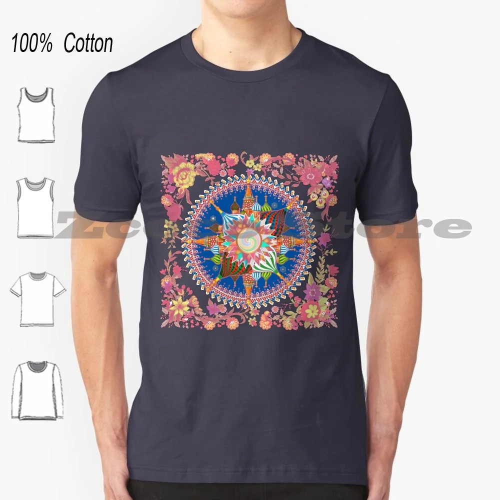 

Khokhloma 6 100% Cotton Men And Women Soft Fashion T-Shirt Khokhloma Moscow Russia Color Kremlin Pattern Flowers