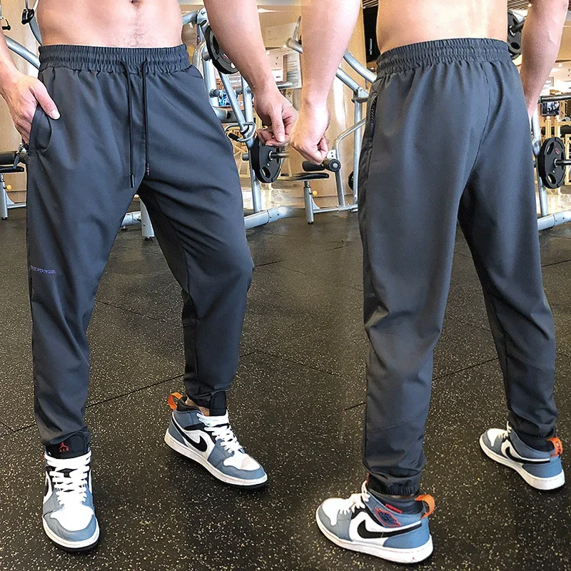 Men Sport Pant Zipper Pockets Training Bodybuilding Trousers Fitness Running Long Pants Thin Elastic Dry Fit Sweatpants Bottoms