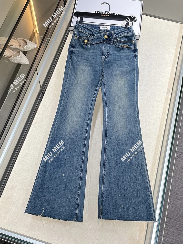 

High Waist Glitter Denim Wide Leg Pants French Sle Vintage Oustide kets Wear Resistant for Lady Autumn Season