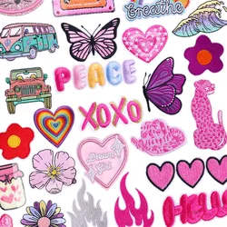 Beautiful Pink Heart Embroidery Patches For Clothes Cute Cartoon Butterfly Iron On Patch For Jacket/Jeans Decoration Sticker DIY