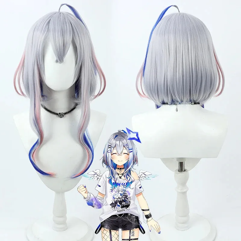 2025 12 Vtuber Amane Kanata تأثيري 55 سنتيمتر الفضة الأزرق مختلط الوردي مقاومة للحرارة الشعر الاصطناعية هالوين دور اللعب + شعر مستعار مجاني #2