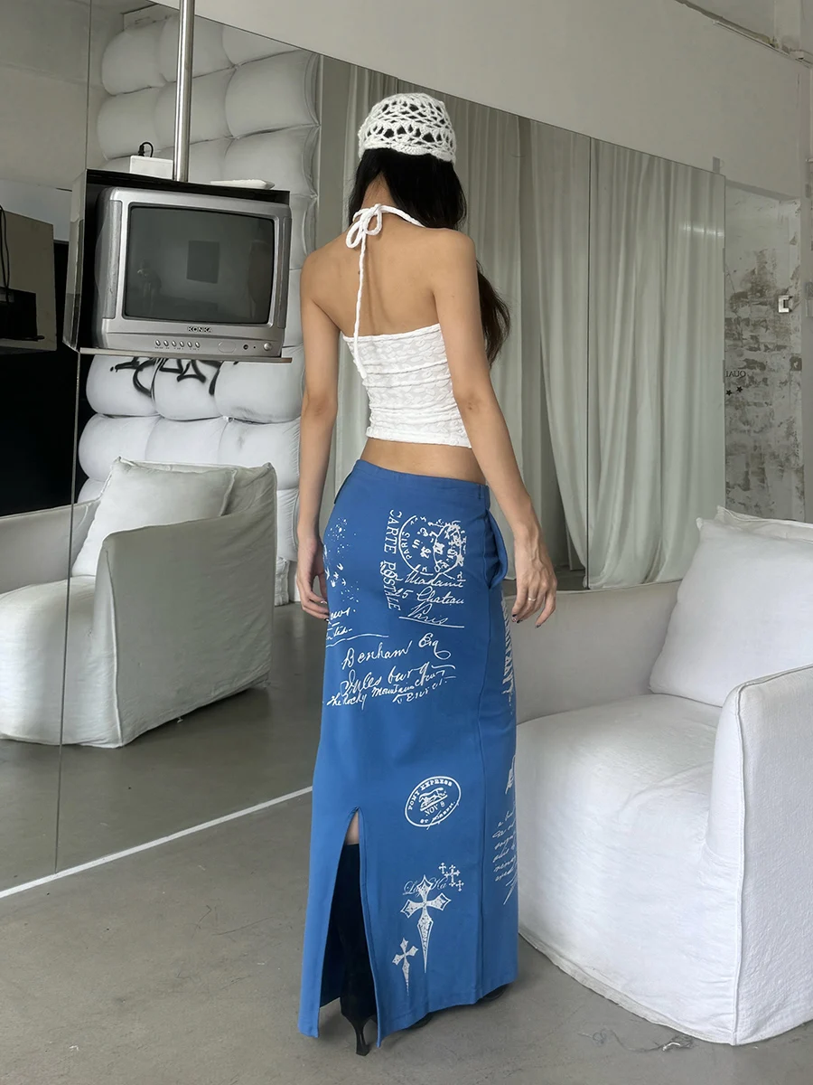RORIRI Y2K Gyaru Harajuku Shoujo Rokken Blauw Print Brief Patroon Terug Split Rokken Elastische Taille Losse Rechte Bodems Rok