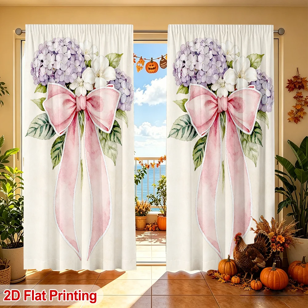 2PCS Digital Print Curtains, Pink Bow Hydrangea, Romantic Sweet