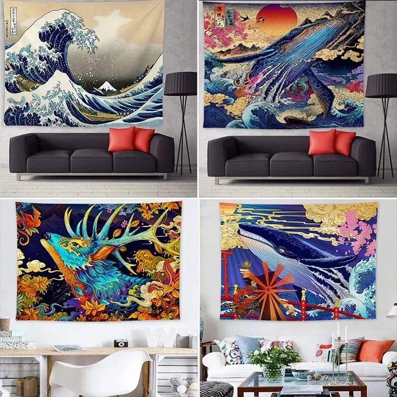 Great Wave of Kanagawa Tapestry Wall Hanging Whale Wall Carpet Tapestries Wall Cloth Mandala Boho Bedspread