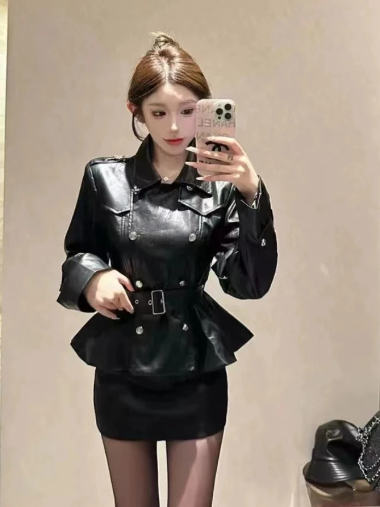 Ensemble 2 pièces rétro Sexy pour femmes, vestes + jupes en Faux cuir à Double boutonnage, tenues Punk américaines Harajuku, nouvelle collection