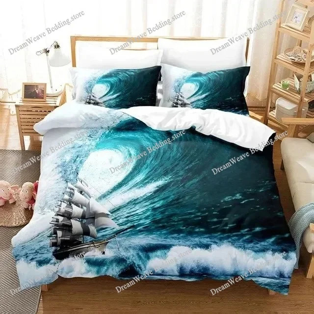 

Sailboat Bedding Set Sailing Ship Comforter Cover Ocean Wave Nautical Duvet Cover for Kids Boys Girls Cartoon Ship