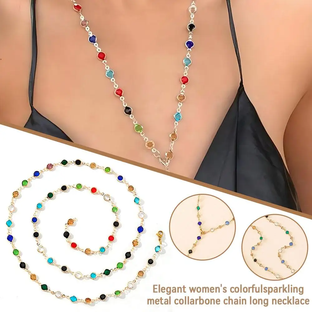 New Luxury Colourful Crystal Zircon Necklace for Women Shiny Rhinestone Long Tassel Choker Bohemian Statement Jewelry Gifts U9T5