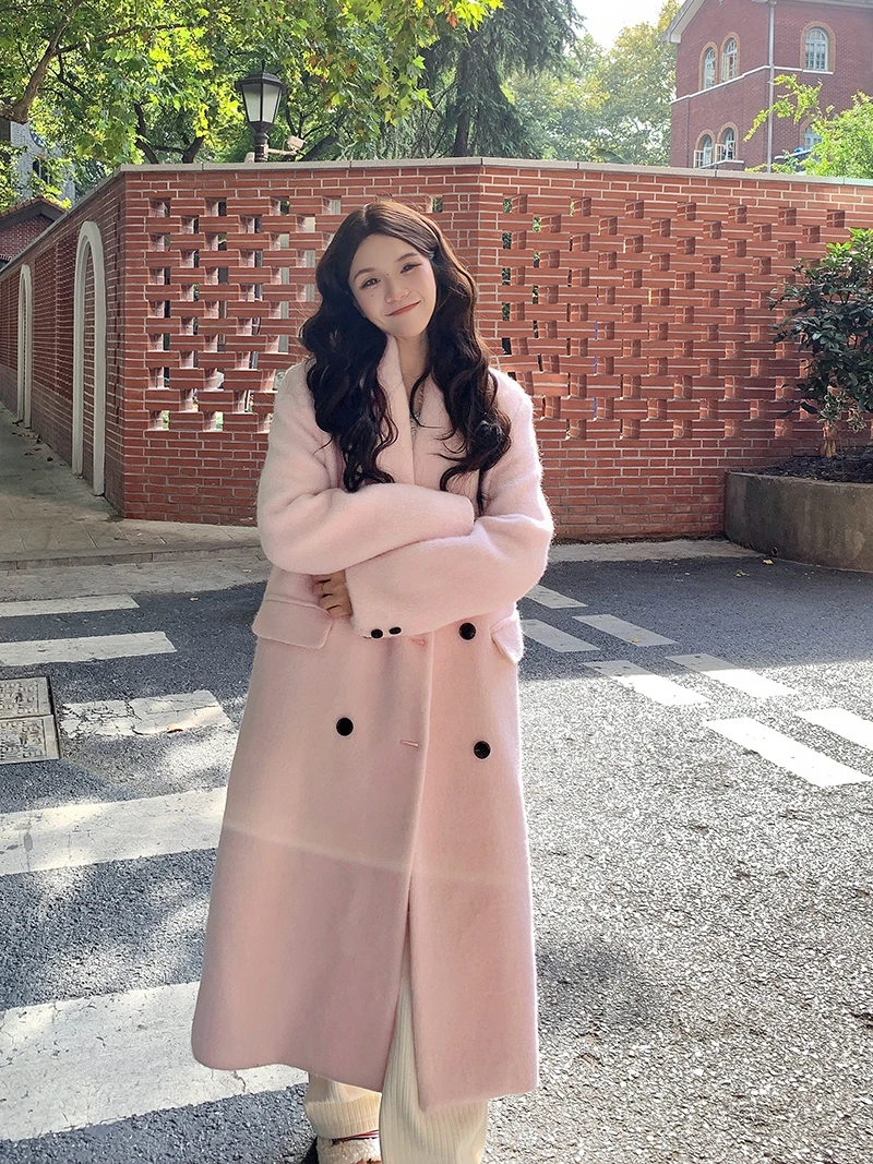 

Розовое шерстяное пальто Fem, двухрядное пальто с пуговицами, корейская зимняя верхняя одежда, брендовая одежда Aassss, прямой крой из полиэстера...