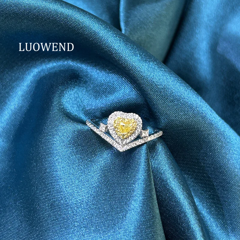 LUOWEND 100% 18K White Gold Rings Romantic Heart Shape Real Natural Yellow Diamond Engagement Ring for Women Wedding Jewelry