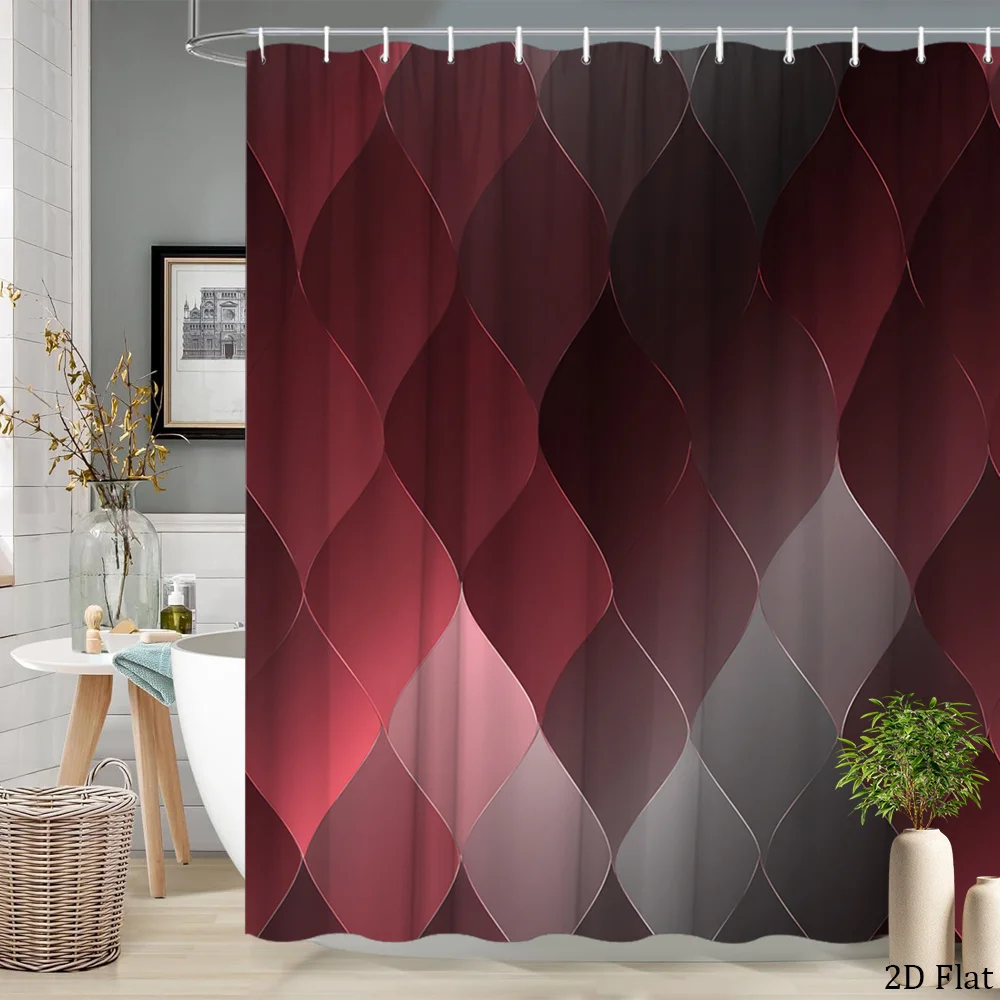Luxury Abstract Geometric Shower Curtain Burgundy Maroon Gray 2D Waterproof Bath Room Divider Curtain 180x200cm Stylish Home Dec