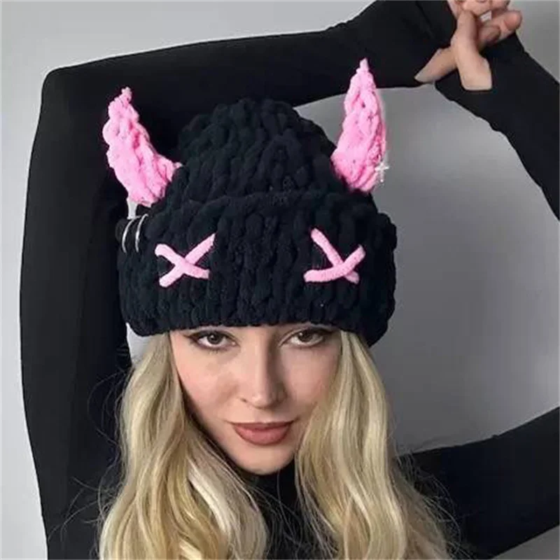 Y2K Women's Rabbit Ears Hand-knitted Hat  Sweet and Cool Hot Chick  Thickened Thermal Mask Demon Hood Party Bear Beanie