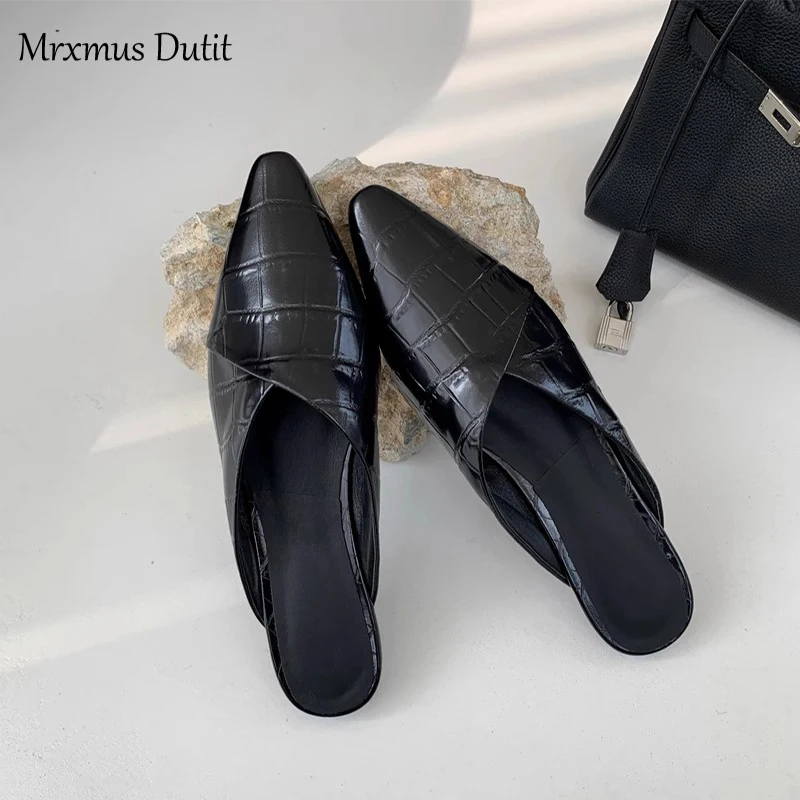 Mrxmus Dutit 2023 Women Fashion Genuine Leather Moroccan Style Pointed Head Slippers Flat Casual Versatile Shoes Female Chic