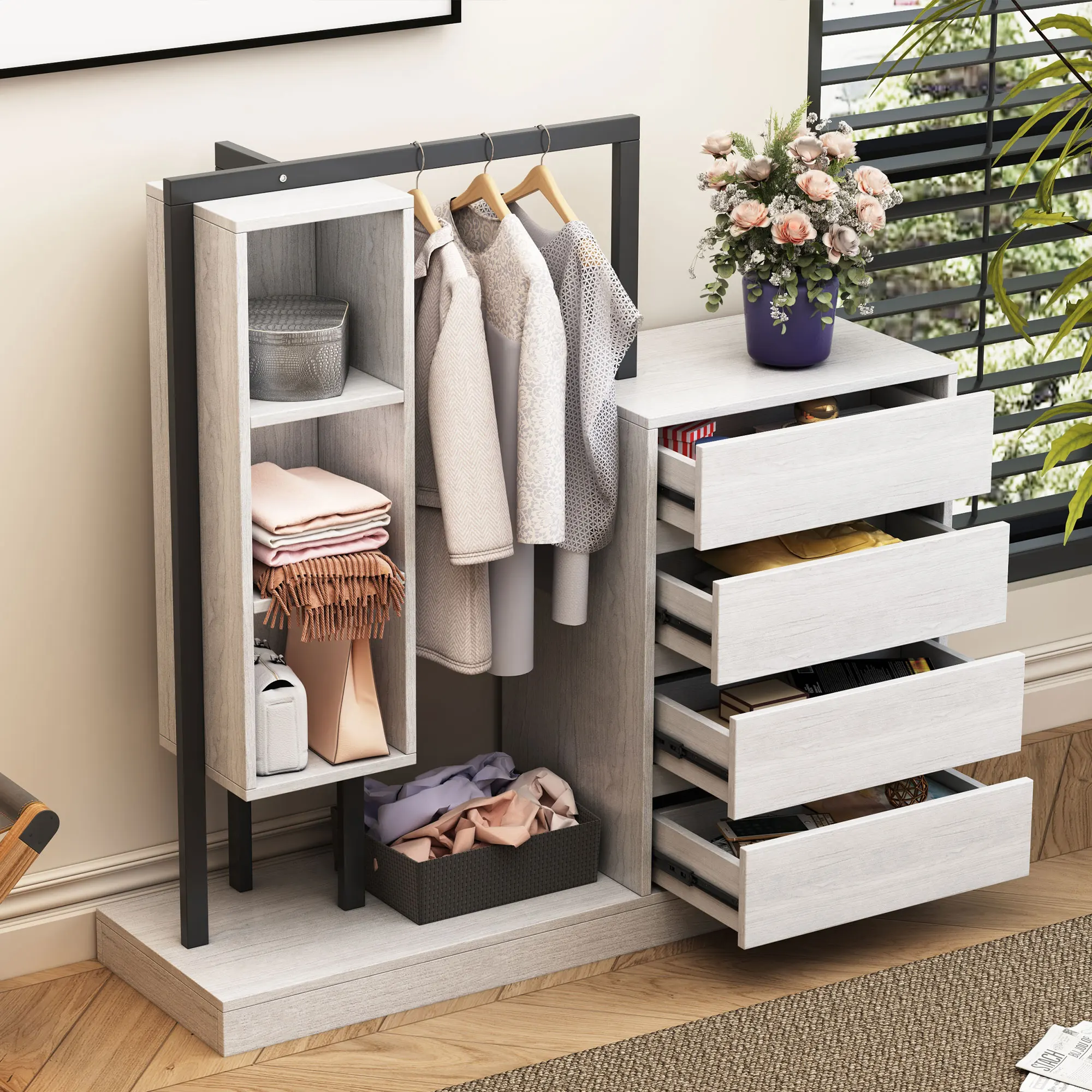 Closet Organizer, Farmhouse Storage Cabinet With 4 Drawers, 3 Shelves And Hanging Rod, Floor Standing Closet Organizers Storage