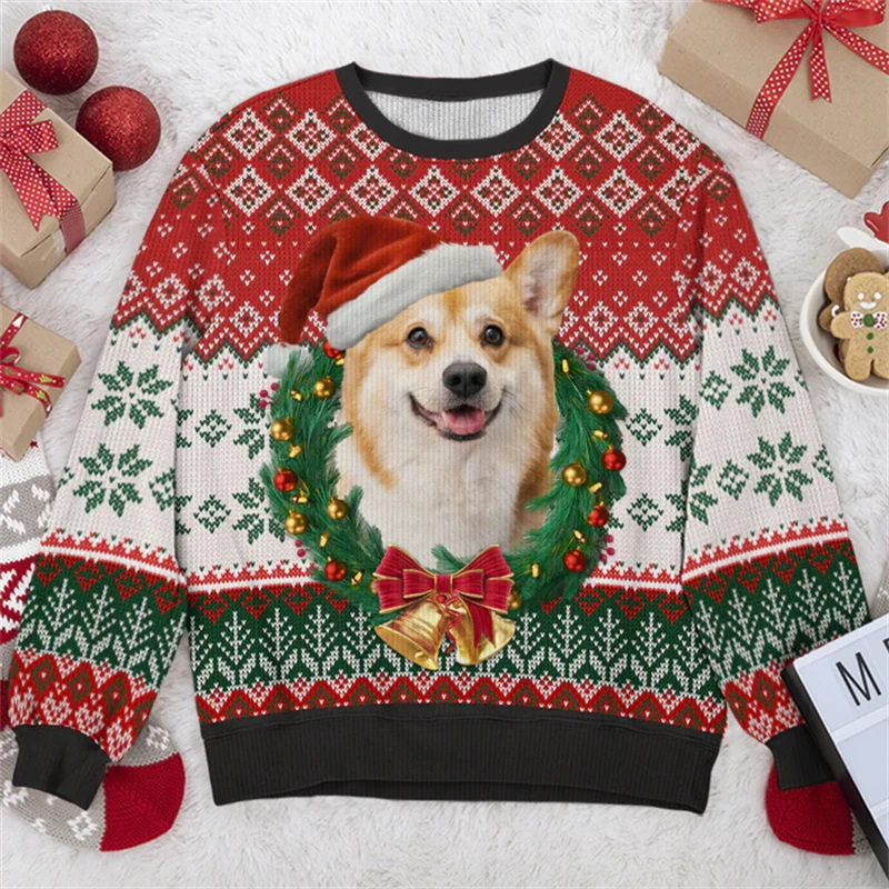 2025 New Cute Dog Ugly Christmas Sweater Fashion Holiday Xmas Sweatshirts For Women Clothes Gift Couple Boy Clothing Long Sleeve