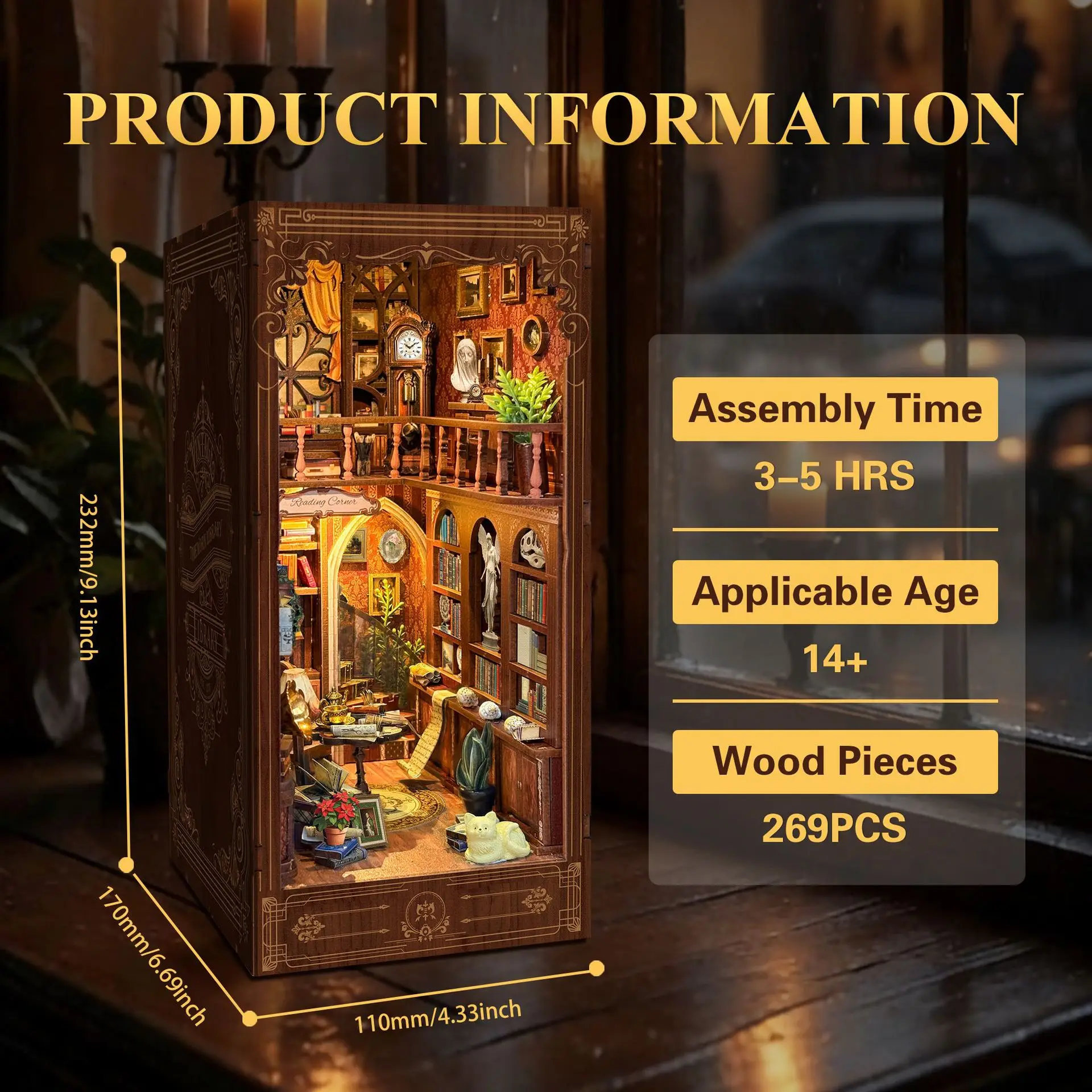 1:12 Scale Timeworn Library DIY Wooden Book Nook Kit - LED Lit Vintage Bookstore 3D Model, Creative Desktop Decor Hobby Gift