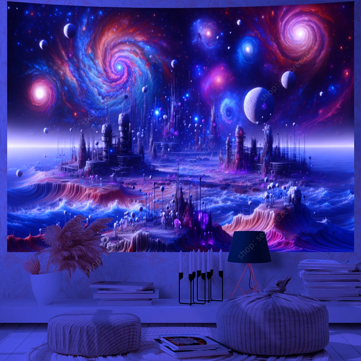 Galaxy Space Landscape UV Reactive Tapestry Trippy Planet Mountain River Neon Art Wall Tapestries for Bedroom Dorm Party Decor