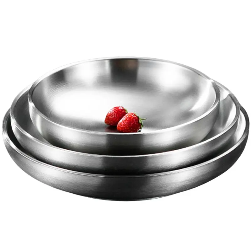 304 Stainless Steel Double Layer Dishes Tray, Anti-Scalding Steak Plate, Tableware Pan, Fruit Dishes, Household