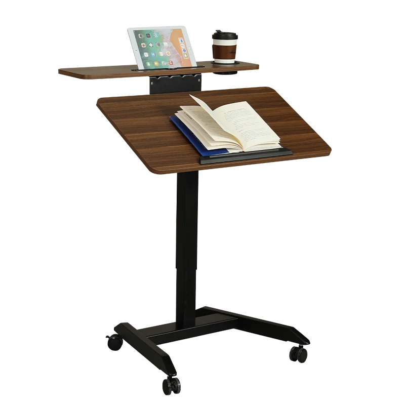 Iron Base Pneumatic Gas sit stand height lifting standing home office laptop work desk with 0 to 90 angle foldable mobile desk