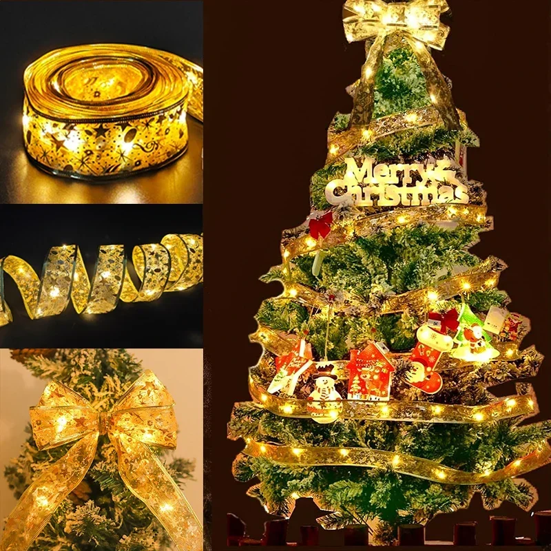 

Christmas Luminous Bow Decoration, Gold Ribbon Lamp, Home Decoration, Tree and Party Gift, 10m