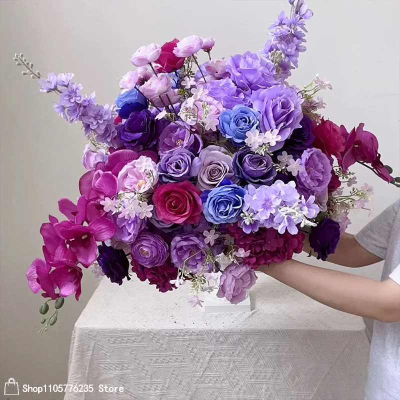 Künstliches Blau-Weißes Rosen-Blumenarrangement Hochzeitstisch-Mittelstück Hortensien-Delphinium-Bouquet Outdoor-Party-Bankett-Dekoration – Detail 2