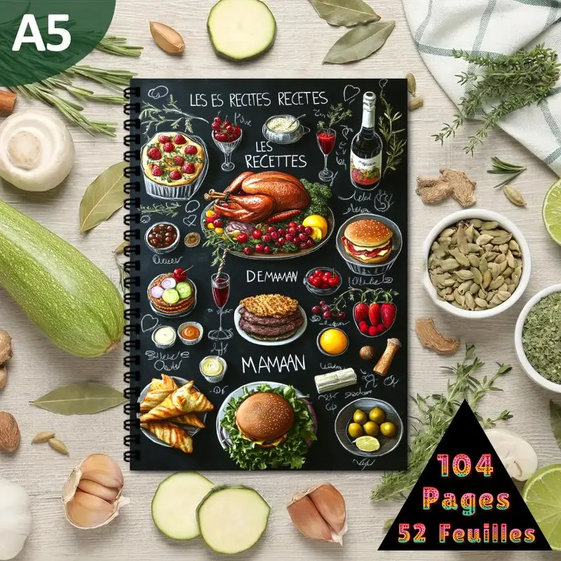 Cuaderno espiral de recetas francesas A5, libro de colección de recetas, puede contener hasta 100 recetas, pizarra, ilustraciones de alimentos dibujadas a mano