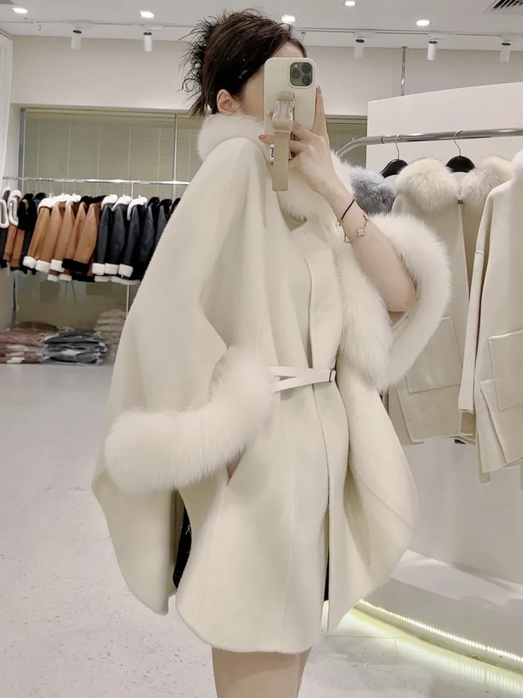 ZMEENNA Damen-Umhangmantel aus Wollmischung mit Kunstpelzkragen und Manschetten, elegante Winter-Poncho-Jacke mit Gürtel, stilvoll, ZM3662