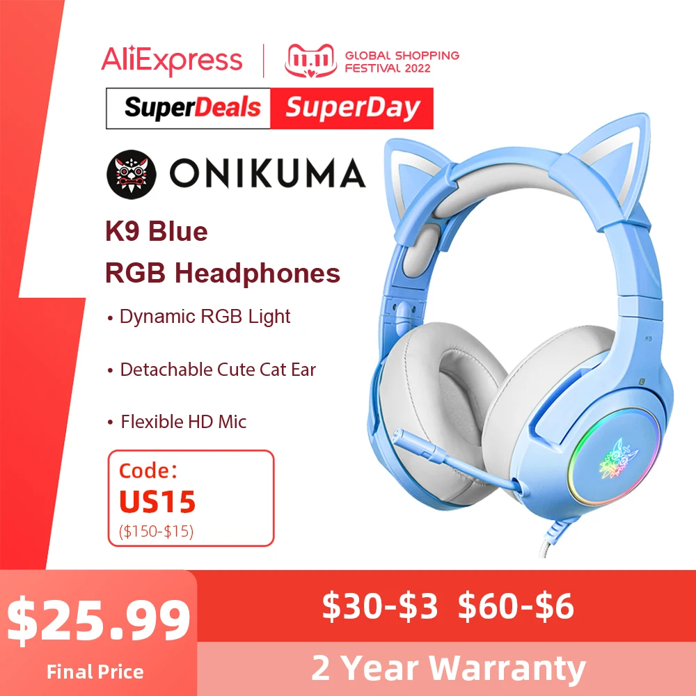 

ONIKUMA K9 Blue Color Gaming Headphones with Dynamic RGB Light Retractable Microphone Wird Headset Gamer Earphones for PC Gaming