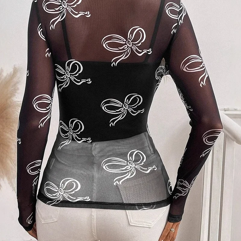 Casual  Knot Printed Me Wrap Women's T-irt Sli European Sle Slim Fit Polyester Thiened Spring Faion