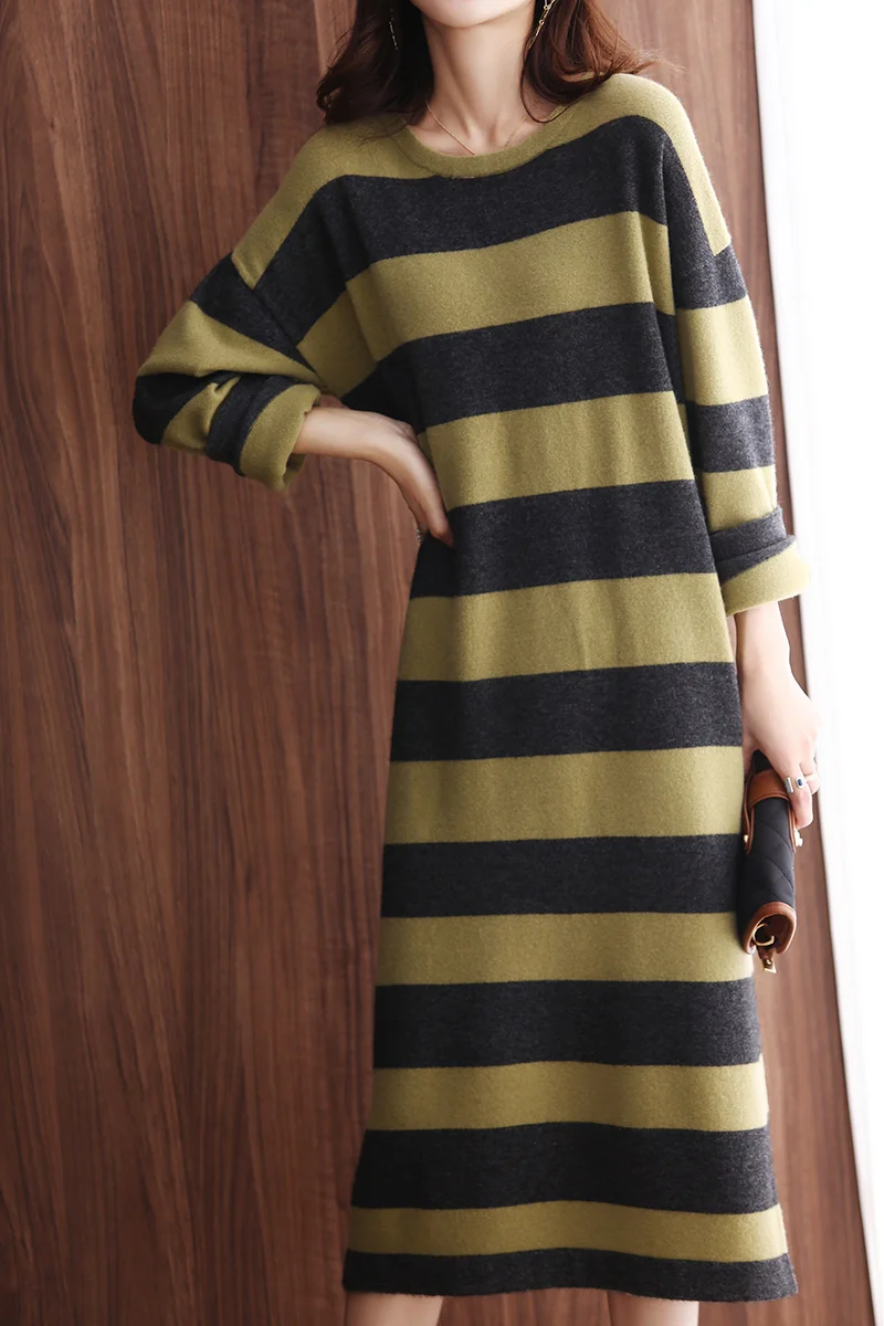 Autumn/Winter New Wool Sweater Long Women's Casual Striped Knitted Tops Loose Round Neck Blouse Pullover Long Skirt Lazy Style