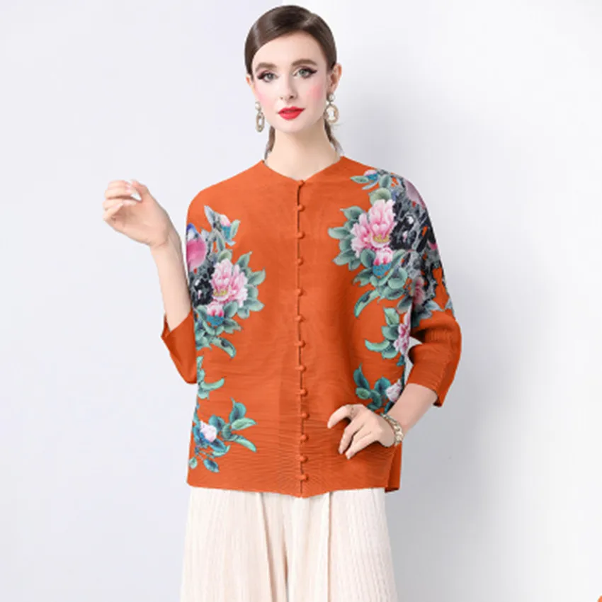 Miyake Pleated Flower Shirt Tops New Spring Summer Single Breasted Flora Print Pink High Stretch Loose Office Blouses For Women